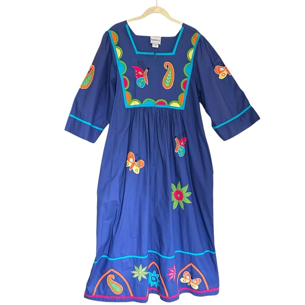 Vintage SAYBURY 90s Y2K 100% Cotton Embroidered Midi Dress‎ Empire Waist Pockets